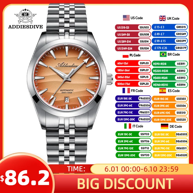 ADDIESDIVE Men Watch 39mm 8215 Automatic Mechanical Wristwatch Diving 100m Waterproof 316L Stainless Steel Domed Glass Luminous
ADDIESDIVE Men Watch 39mm 8215 Automatic Mechanical Wristwatch Diving 100m Waterproof 316L Stainless Steel Domed Glass Luminous