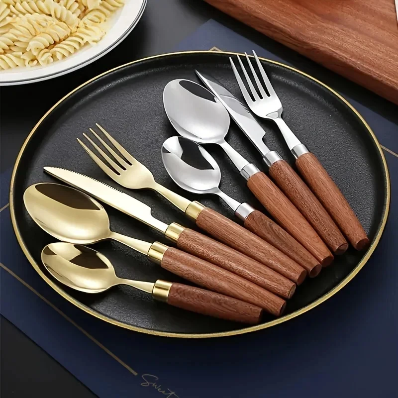 24PCS Stainless Steel Tableware Set With Wooden Handles Suitable For Cutting Steak Cake Desserts
24PCS Stainless Steel Tableware Set With Wooden Handles Suitable For Cutting Steak Cake Desserts