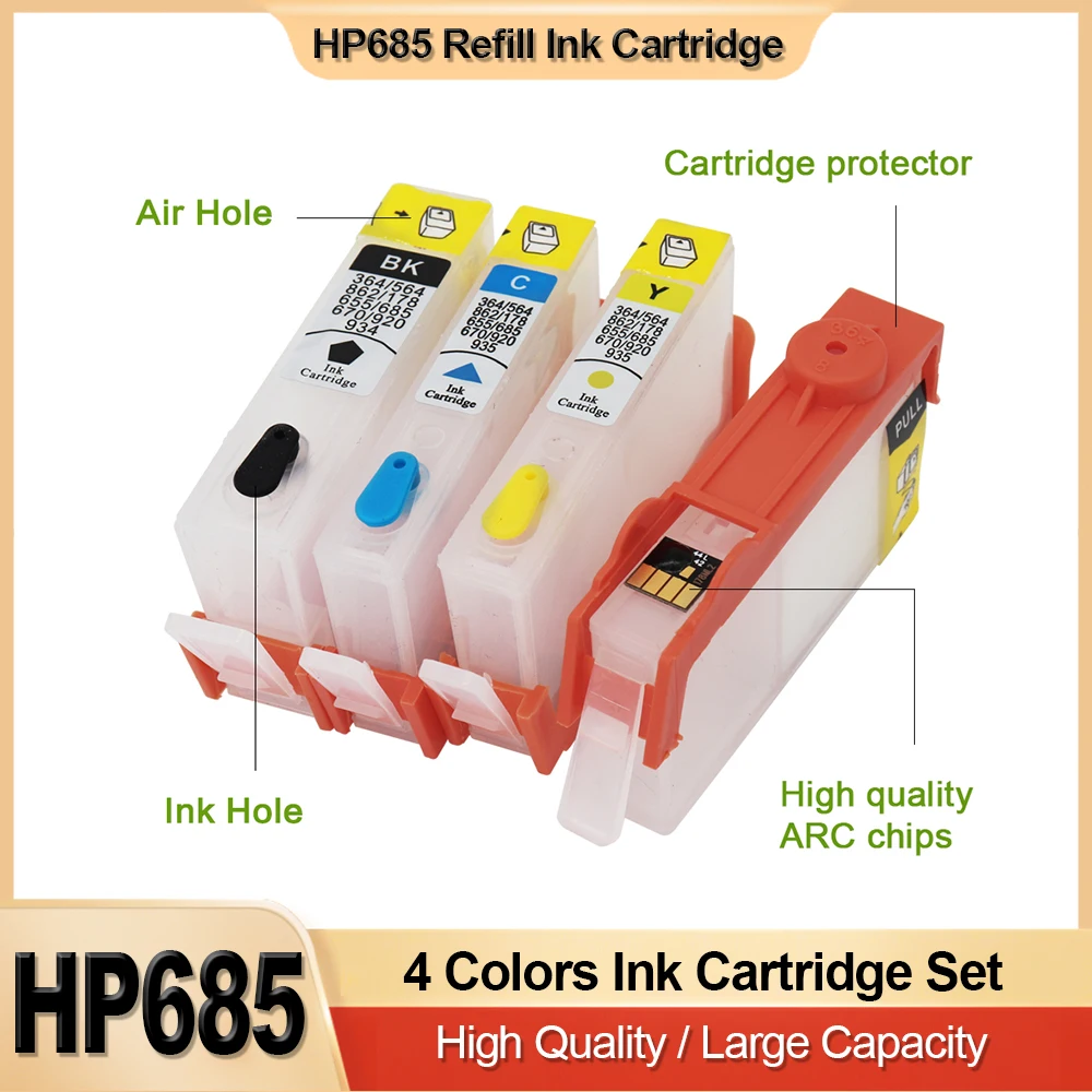For HP 685 Refillable Ink Cartridge For HP Deskjet 3525 4615 4625 5525 6525 Printer Four Colors HP685 Cartridges With ARC Chips
For HP 685 Refillable Ink Cartridge For HP Deskjet 3525 4615 4625 5525 6525 Printer Four Colors HP685 Cartridges With ARC Chips