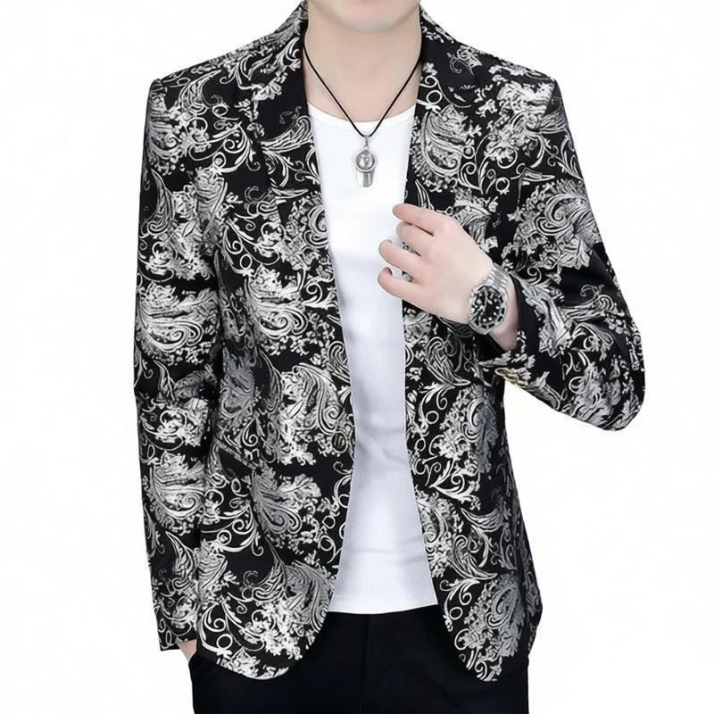 Punk Men Silver Floral Hot Stamping Single Button Casual Blazer Spring Autumn Notched Lapel Slim Suit Jacket White / Black
Punk Men Silver Floral Hot Stamping Single Button Casual Blazer Spring Autumn Notched Lapel Slim Suit Jacket White / Black