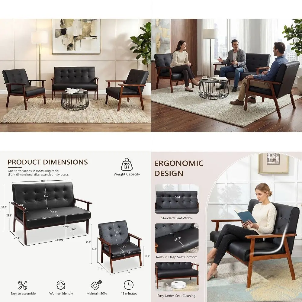 Mid Century 1 Loveseat Sofa and 2 Accent Chairs Set Modern Wood Arm Couch and Chair Living Room Furniture Sets 8428 Black Set
Mid Century 1 Loveseat Sofa and 2 Accent Chairs Set Modern Wood Arm Couch and Chair Living Room Furniture Sets 8428 Black Set