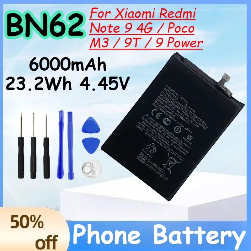 BN62 6000mAh 23.2Wh 4.45V Battery for Xiaomi Redmi Note 9 4G / Poco M3 / 9T / 9 Power Replace Mobile Phone Battery+Free Tools
BN62 6000mAh 23.2Wh 4.45V Battery for Xiaomi Redmi Note 9 4G / Poco M3 / 9T / 9 Power Replace Mobile Phone Battery+Free Tools