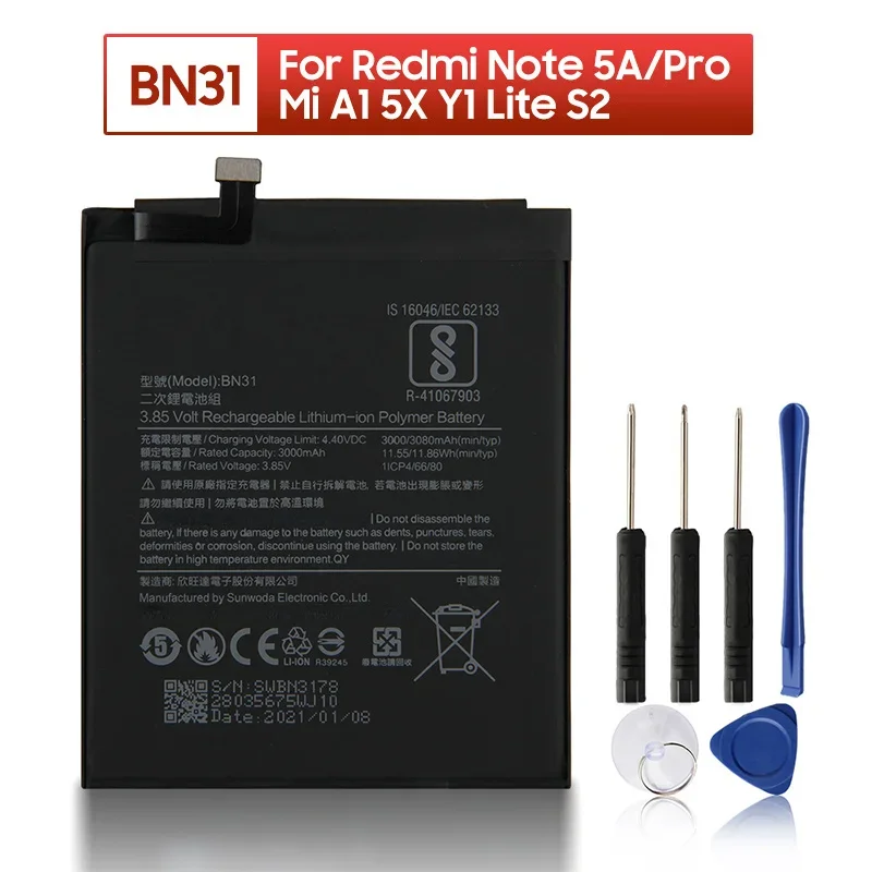 2024 Years BN31 Replacement Battery For Xiaomi Mi 5X Mi5X A1 MiA1 Redmi Note 5A Redmi Y1 Lite S2 Y2 Phone Batteries 3080mAh
2024 Years BN31 Replacement Battery For Xiaomi Mi 5X Mi5X A1 MiA1 Redmi Note 5A Redmi Y1 Lite S2 Y2 Phone Batteries 3080mAh