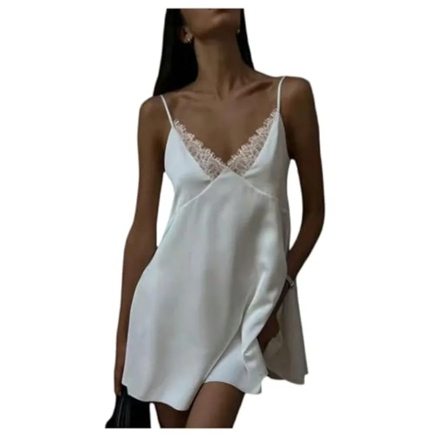 WDIRARA Women's Lace Trim V Neck Satin Dress Spaghetti Strap Tie Backless Mini Dresses
WDIRARA Women's Lace Trim V Neck Satin Dress Spaghetti Strap Tie Backless Mini Dresses