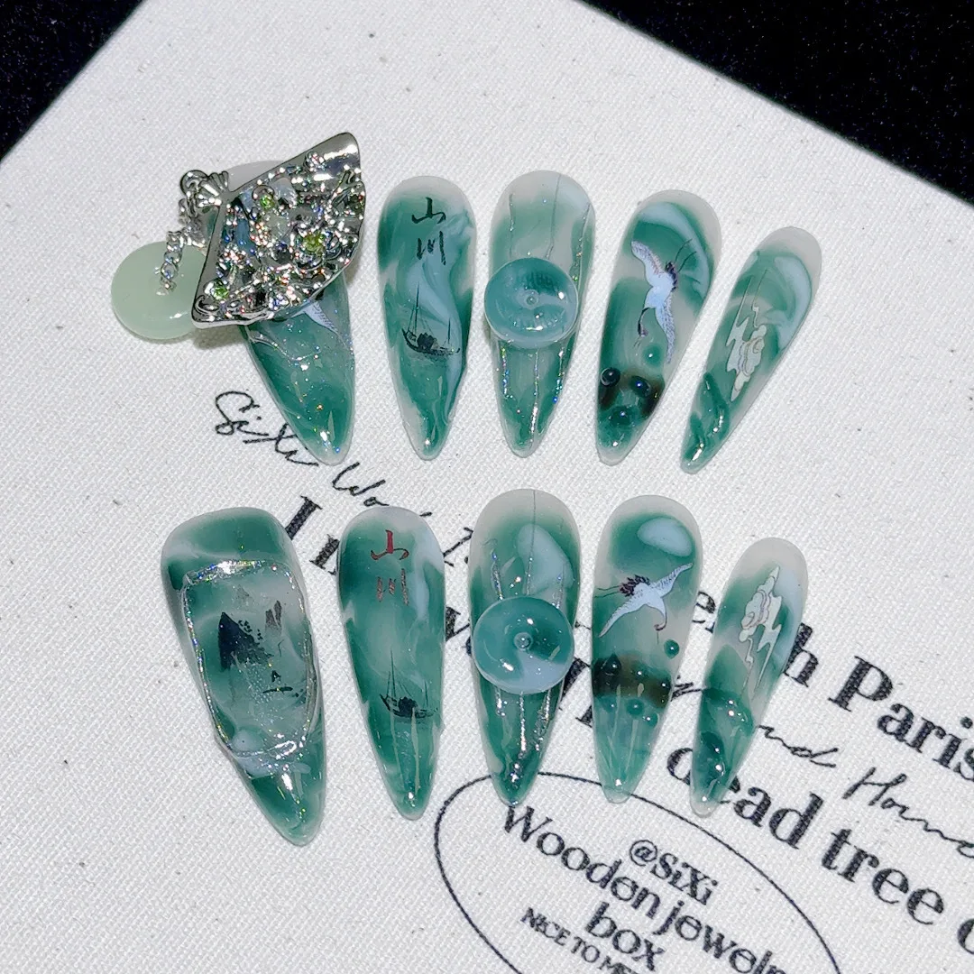 Handmade Chinese Green Dyed Press on Nails Mountain Red Crowned Crane Pattern False Nails Wearable Long Almond Fake Nail Tips
Handmade Chinese Green Dyed Press on Nails Mountain Red Crowned Crane Pattern False Nails Wearable Long Almond Fake Nail Tips