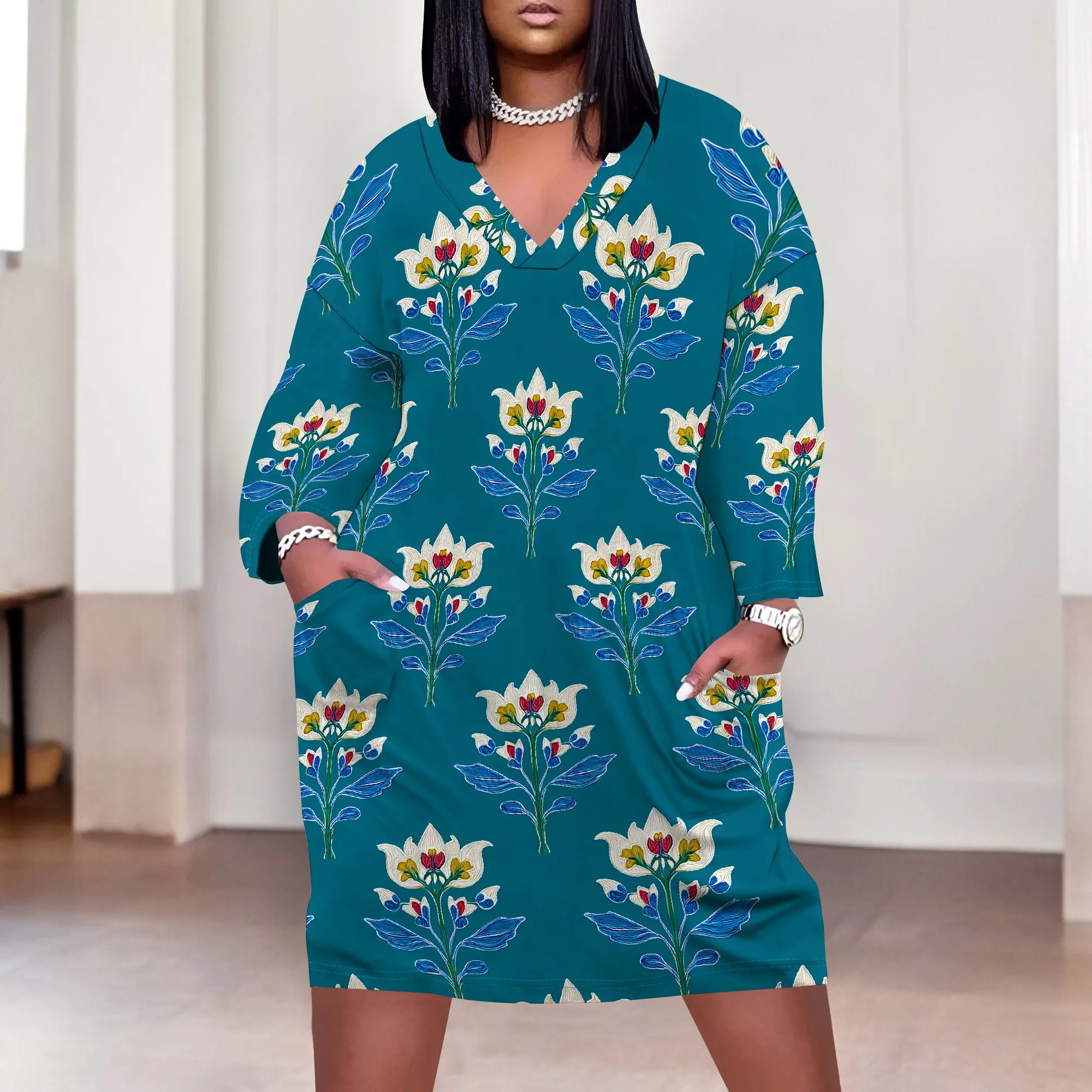 Floral Print Women's Maxi Dress XL-6XL, V-Neck Casual Summer Dress with Pockets, Teal & Yellow Flower Pattern
Floral Print Women's Maxi Dress XL-6XL, V-Neck Casual Summer Dress with Pockets, Teal & Yellow Flower Pattern
