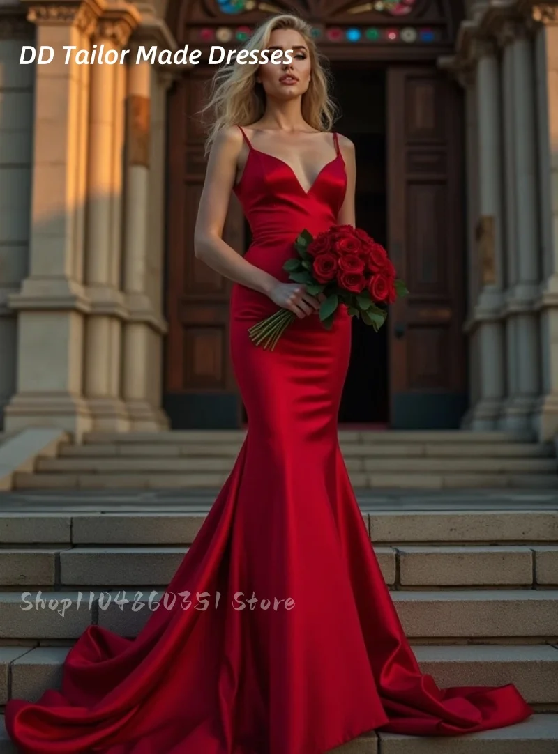 Classic Red Mermaid Wedding Dress Spaghetti Straps Satin Simple Bridal Gown Sleeveless Backless Reception Dress Customized
Classic Red Mermaid Wedding Dress Spaghetti Straps Satin Simple Bridal Gown Sleeveless Backless Reception Dress Customized