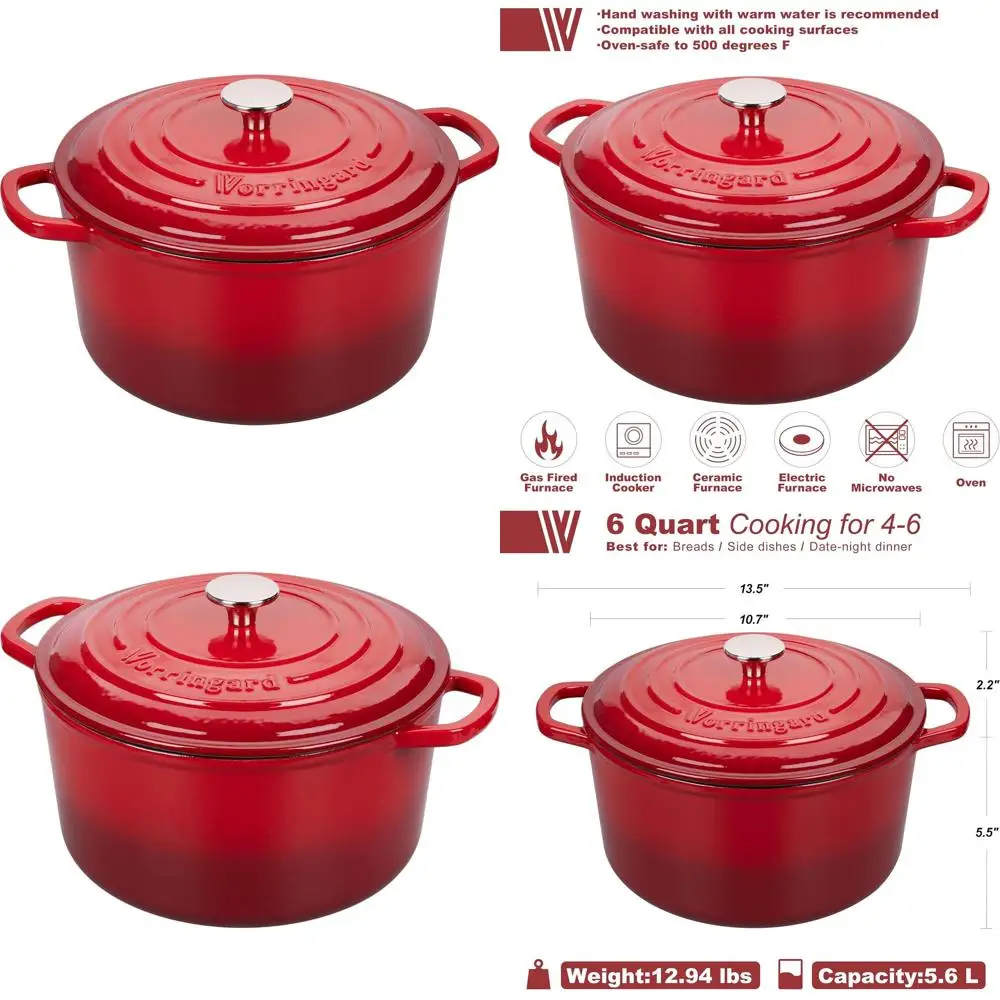 Red 6-Quart Round Enamel Cast Iron Dutch Oven with Lid for Sourdough Bread Baking
Red 6-Quart Round Enamel Cast Iron Dutch Oven with Lid for Sourdough Bread Baking