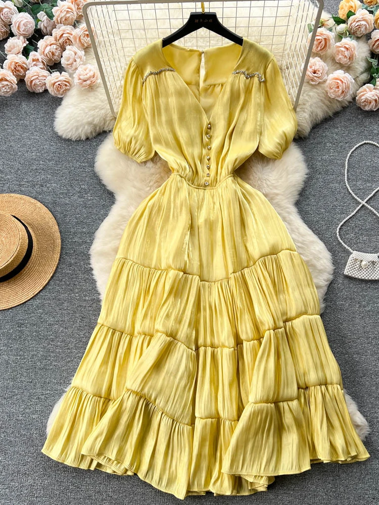 Women French Seaside Resort Party A-line Dress Summer V-neck Bubble Sleeve Pleat High Waist Slim Button Solid Long Dresses
Women French Seaside Resort Party A-line Dress Summer V-neck Bubble Sleeve Pleat High Waist Slim Button Solid Long Dresses
