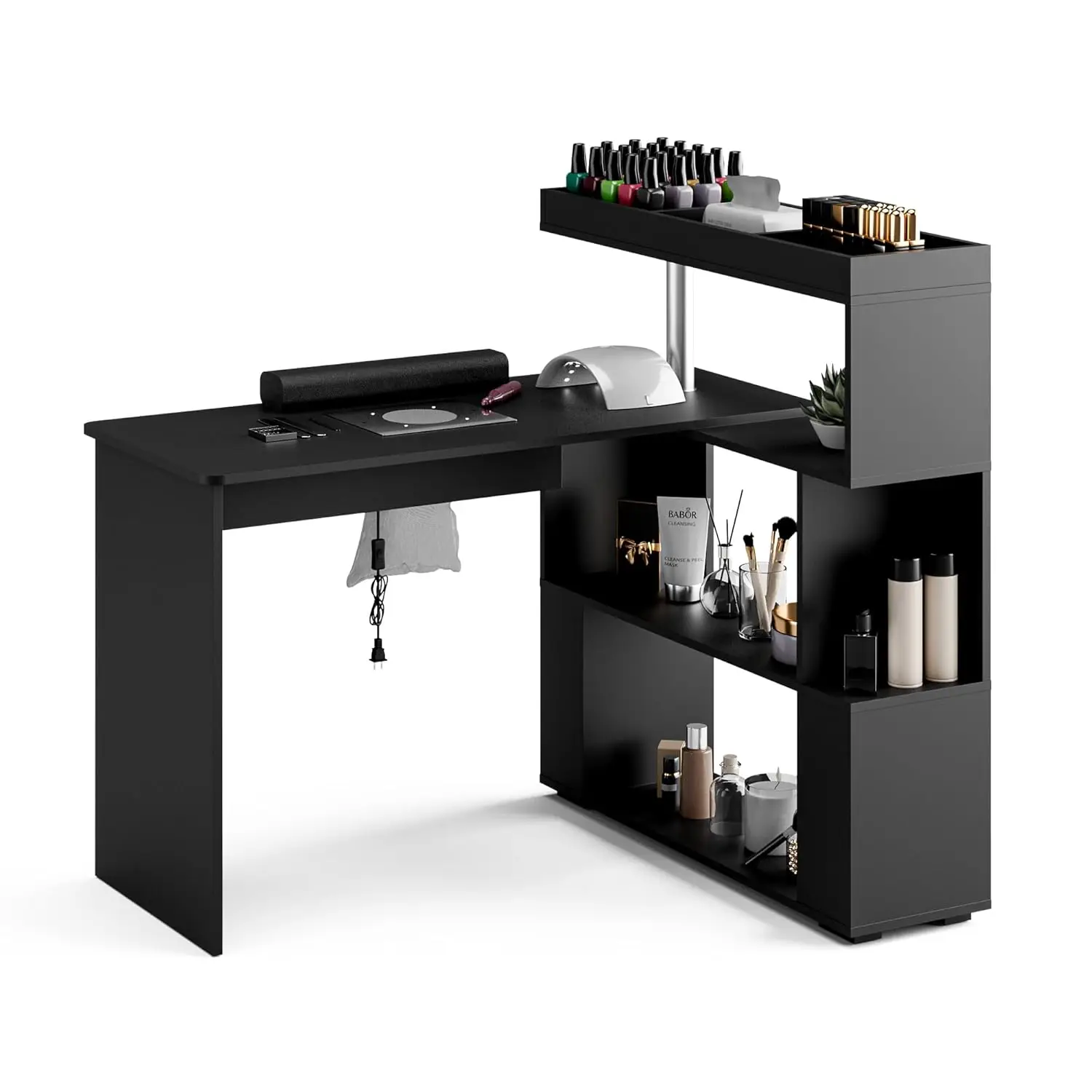 Manicure Table, L-Shaped Nail Tech Desk with Dust Collector, Reversible Rotating Table & Storage Shelf, Acetone, Customized
Manicure Table, L-Shaped Nail Tech Desk with Dust Collector, Reversible Rotating Table & Storage Shelf, Acetone, Customized
