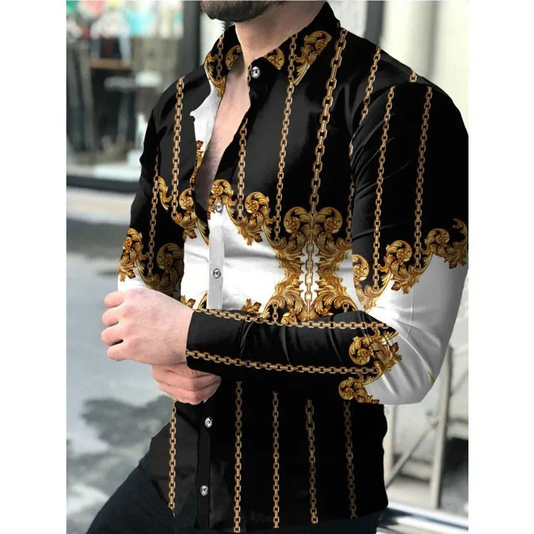 Men's Fashion Casual Shirt, Luxury Gold Chain Baroque Print, Black White Contrast LongSleeve Button-DownShirtfor DailyStreetwear
Men's Fashion Casual Shirt, Luxury Gold Chain Baroque Print, Black White Contrast LongSleeve Button-DownShirtfor DailyStreetwear