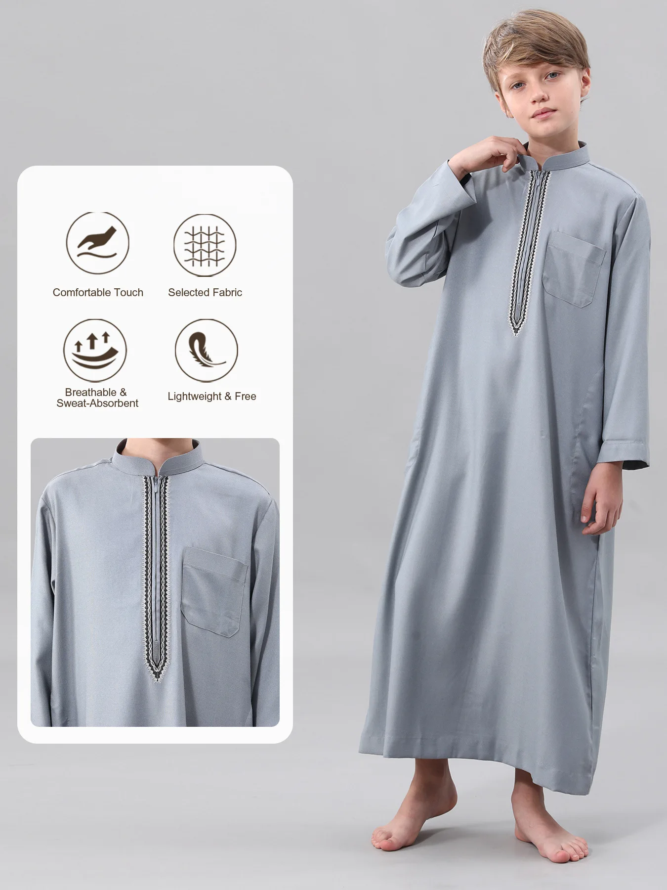 Embroidery Pocket Stand Collar Muslim Thobe Long Robe For Boys Kids Jubba Daffah Dishdasha Middle East Traditional Islamic Cloth
Embroidery Pocket Stand Collar Muslim Thobe Long Robe For Boys Kids Jubba Daffah Dishdasha Middle East Traditional Islamic Cloth