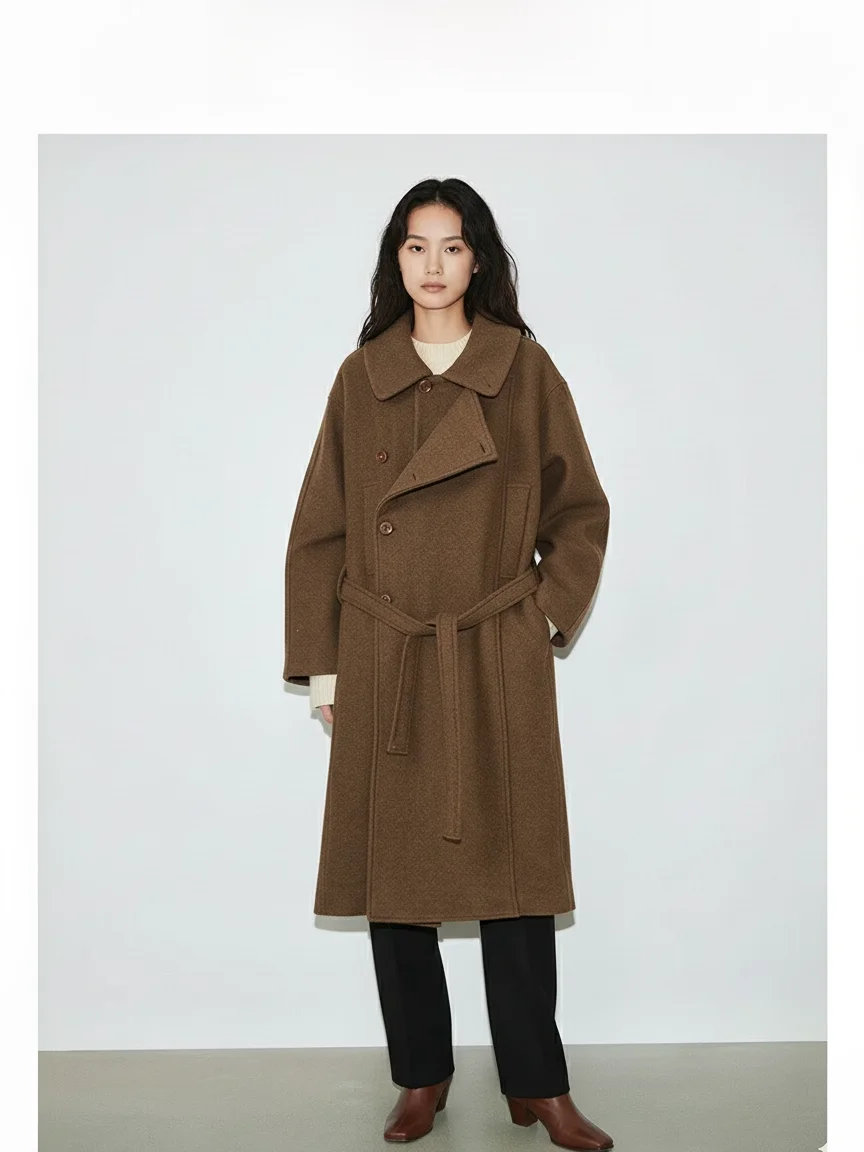Thickened Long Double-sided Woolen Coat Women's Loose Belted Robe Style Outerwear with Stand Collar for Young Ladies
Thickened Long Double-sided Woolen Coat Women's Loose Belted Robe Style Outerwear with Stand Collar for Young Ladies