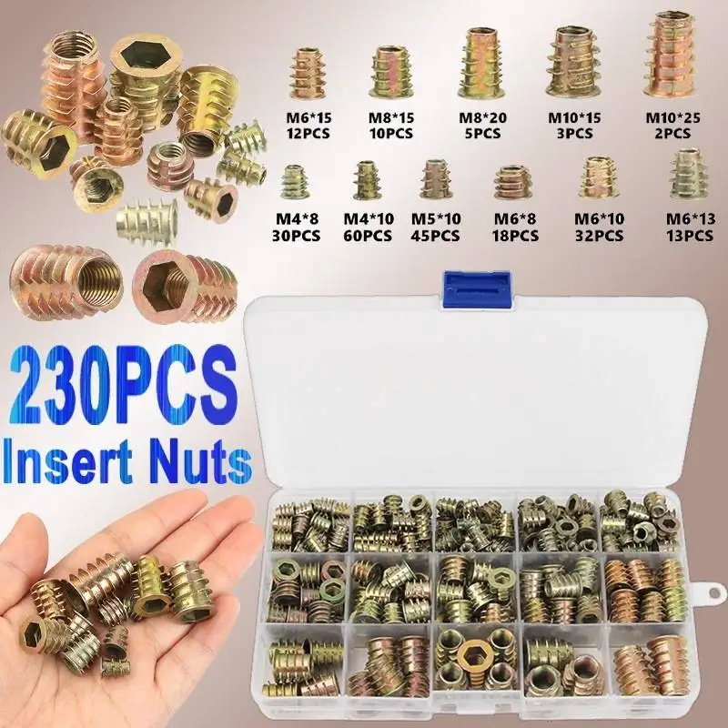 230pcs Flanged Screw-In Nuts T-Nut Threaded Insert For Wood Furniture Carbon Steel Wear Resistant Mounting Hardware Fasteners
230pcs Flanged Screw-In Nuts T-Nut Threaded Insert For Wood Furniture Carbon Steel Wear Resistant Mounting Hardware Fasteners