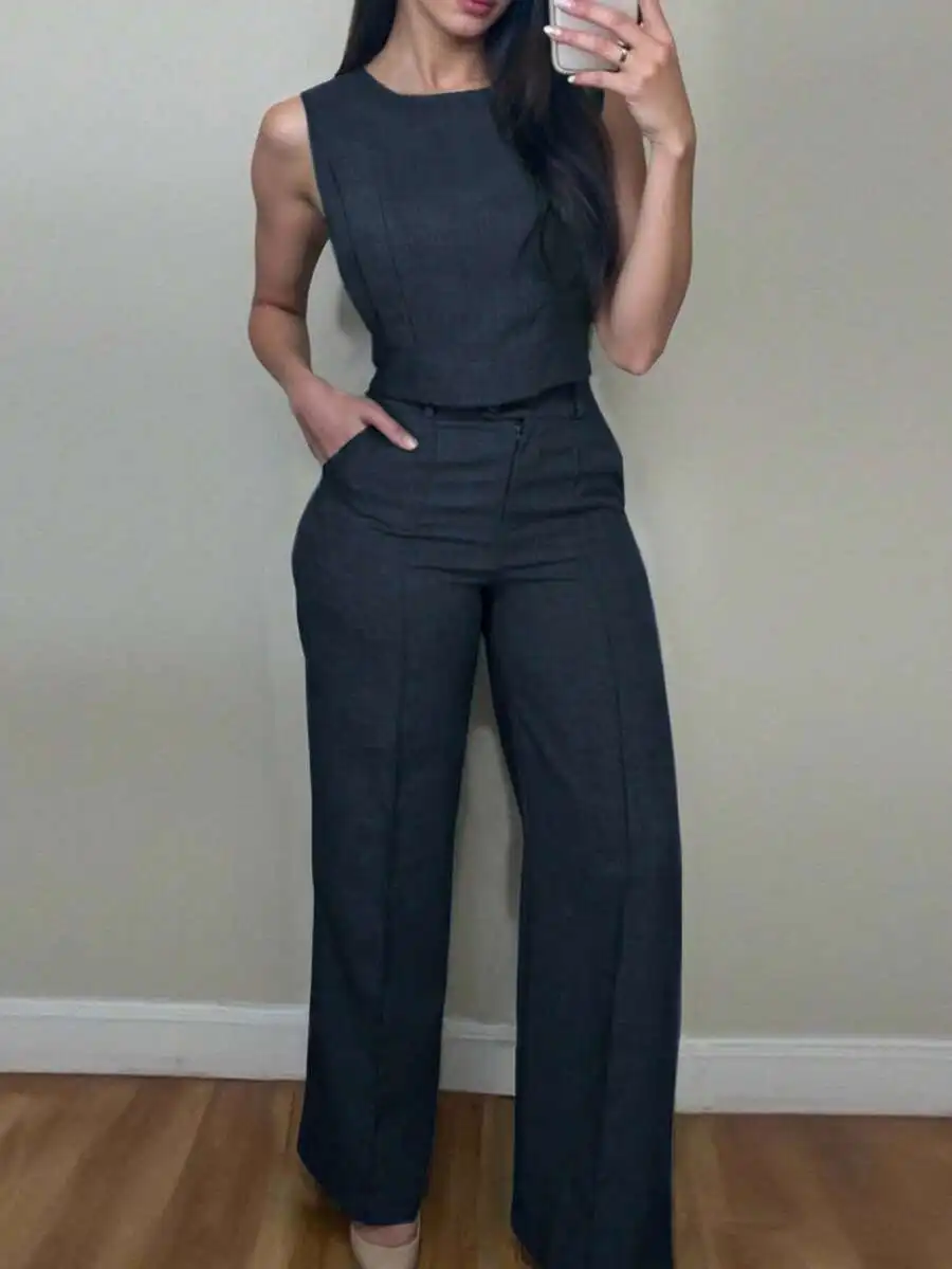 Women Solid Color Sleeveless Top And Wide Leg Pants Two Piece Set Casual Spring Summer
Women Solid Color Sleeveless Top And Wide Leg Pants Two Piece Set Casual Spring Summer