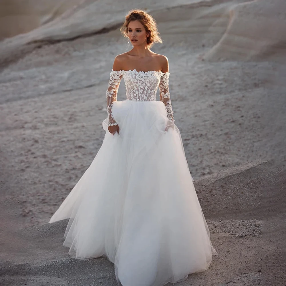Modern Applique and Tulle Wedding Dress Off the Shoulder Long Sleeve Classic A-Line Floor Length Customized Bridal Lace Up Gown
Modern Applique and Tulle Wedding Dress Off the Shoulder Long Sleeve Classic A-Line Floor Length Customized Bridal Lace Up Gown