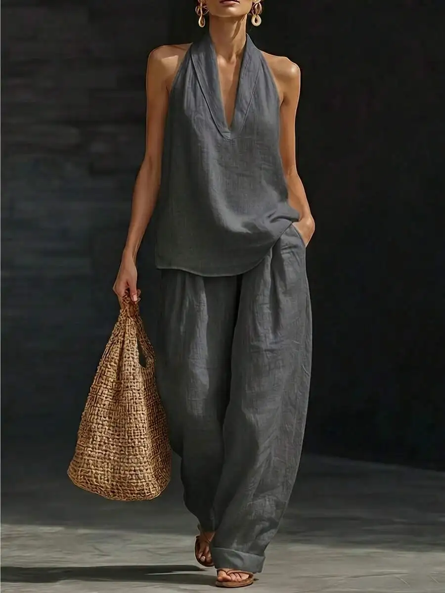 Women Summer Halter Top And Wide Leg Pants Two Piece Set Casual Linen Blend Outfit
Women Summer Halter Top And Wide Leg Pants Two Piece Set Casual Linen Blend Outfit