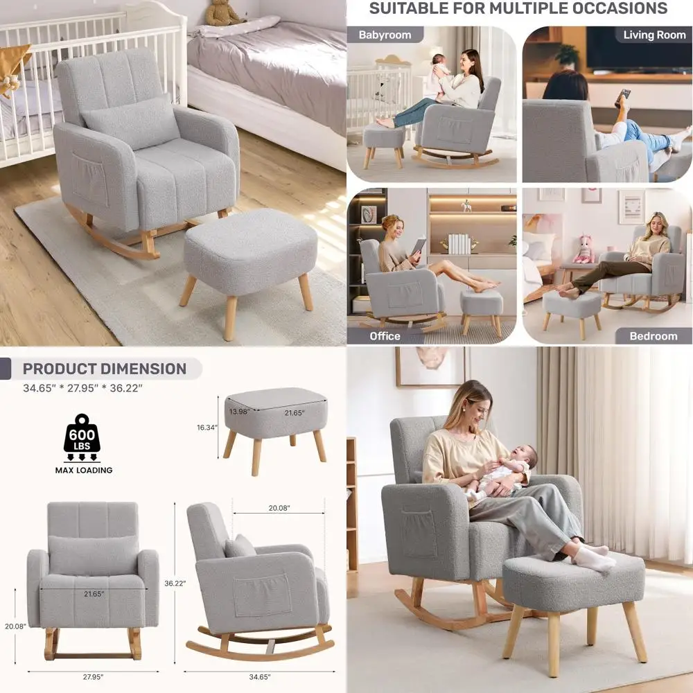 Rocking Chair with Ottoman, Nursing Glider Rocker with High Backrest and Side Pocket, Comfy Reading Chair with Solid Wood Legs f
Rocking Chair with Ottoman, Nursing Glider Rocker with High Backrest and Side Pocket, Comfy Reading Chair with Solid Wood Legs f