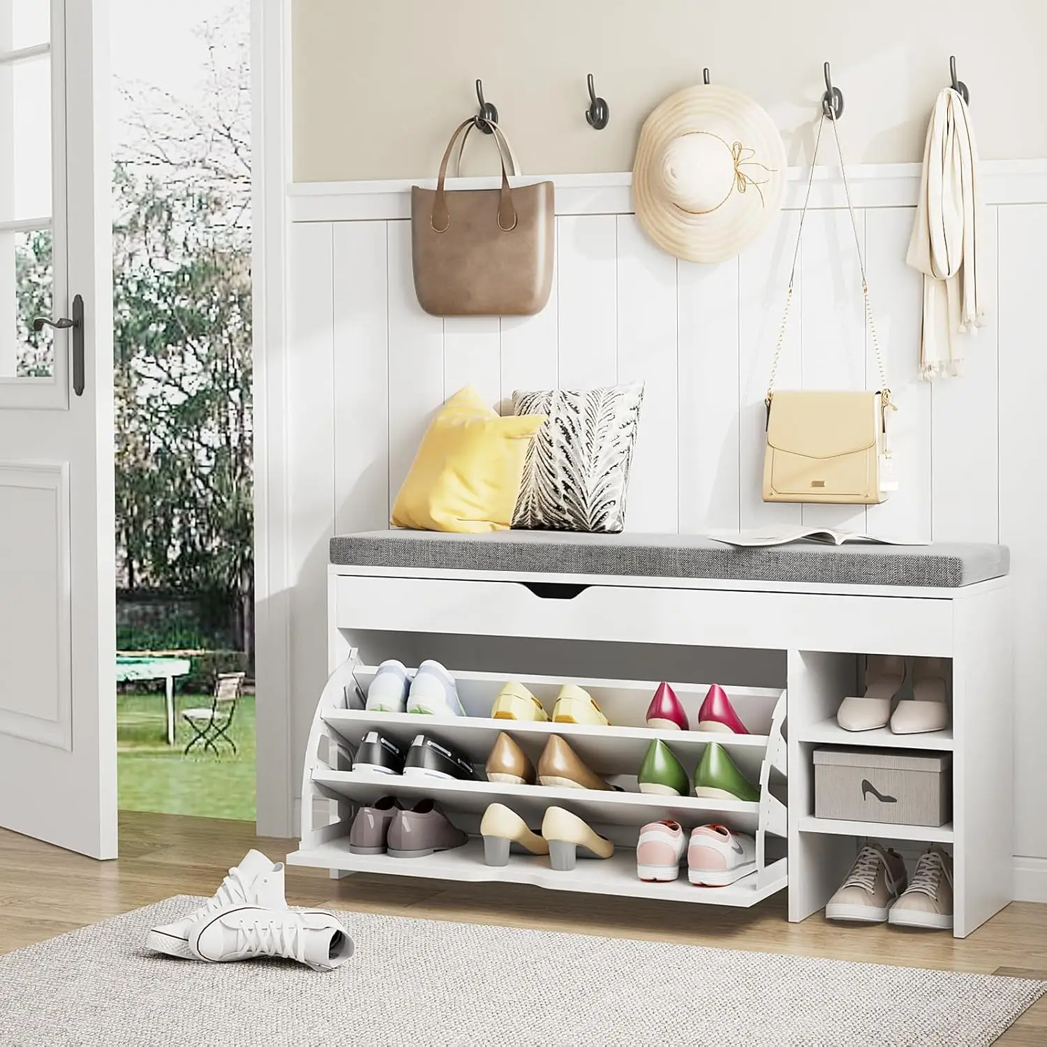 Shoe Storage Bench with 3-Tier Flip Drawer & Padded Cushion, Shoe Rack Bench with Flip-Open Storage Box, Shoe, Customized
Shoe Storage Bench with 3-Tier Flip Drawer & Padded Cushion, Shoe Rack Bench with Flip-Open Storage Box, Shoe, Customized