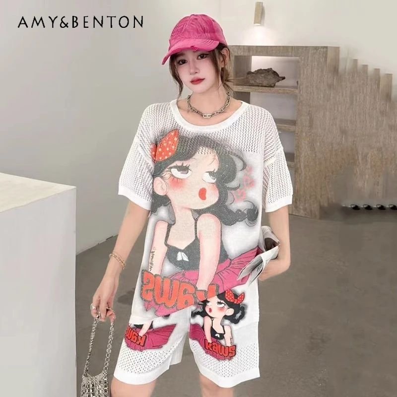 Hollow Print Fashion Casual Suit Women's Summer Loose Thin Ice Silk Round Neck Short-sleeved Tshirts Shorts Casual Two-piece Set
Hollow Print Fashion Casual Suit Women's Summer Loose Thin Ice Silk Round Neck Short-sleeved Tshirts Shorts Casual Two-piece Set