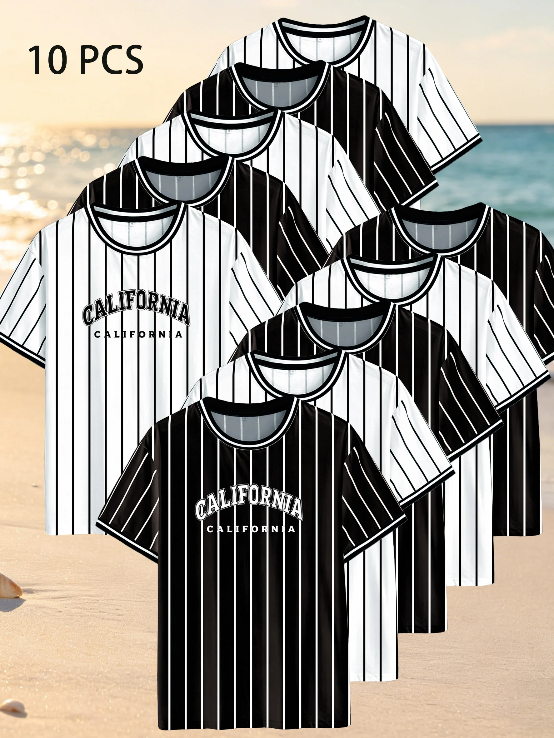 10 piece set of men's California striped T-shirt -5 white and 5 black vertical striped baseball style short sleeved round neck c
10 piece set of men's California striped T-shirt -5 white and 5 black vertical striped baseball style short sleeved round neck c