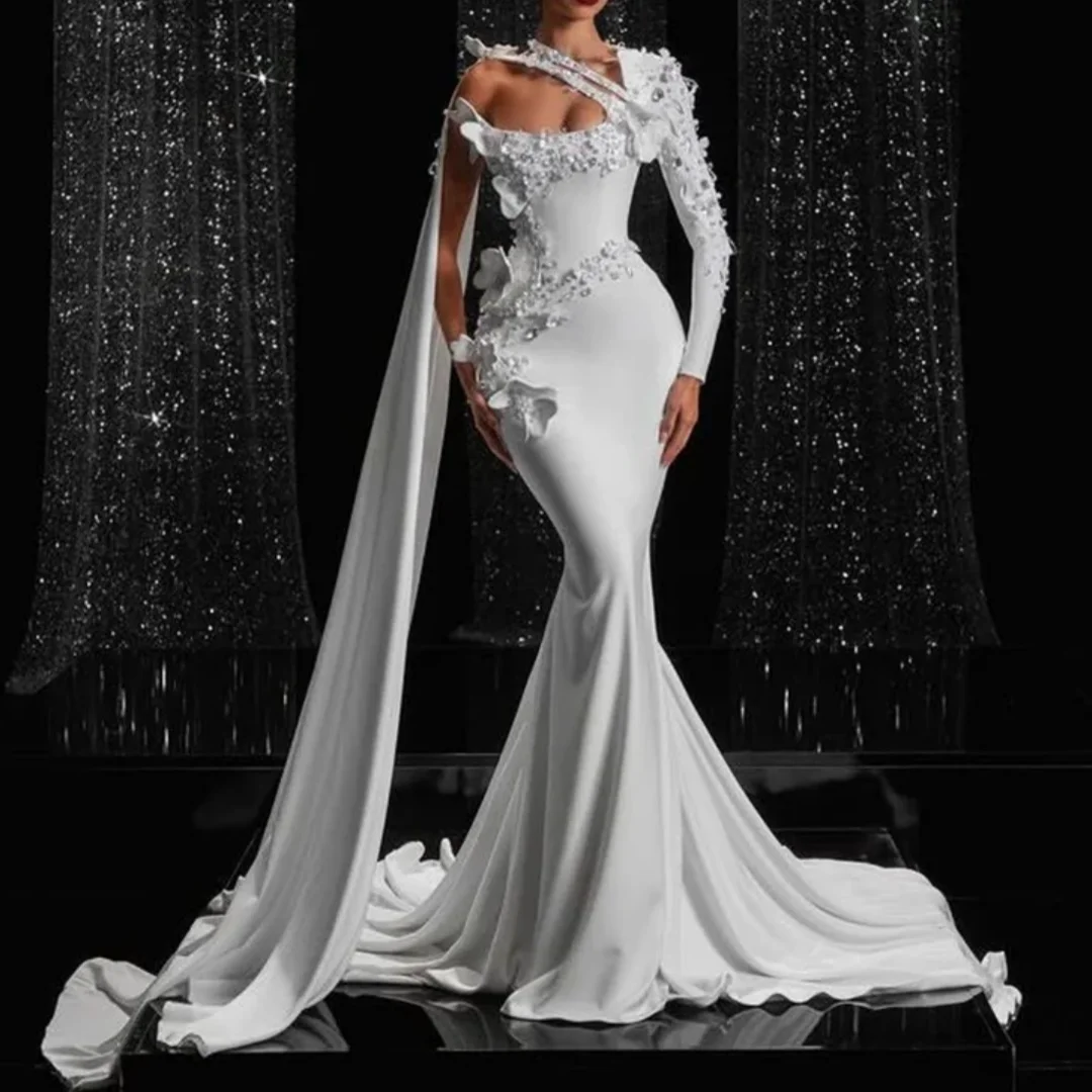 Appliqued Flower Sexy One Shoulder Full Sleeves Lace Up Back Bridal Gown White Wrap Mermaid Women Wedding Dress Customized
Appliqued Flower Sexy One Shoulder Full Sleeves Lace Up Back Bridal Gown White Wrap Mermaid Women Wedding Dress Customized