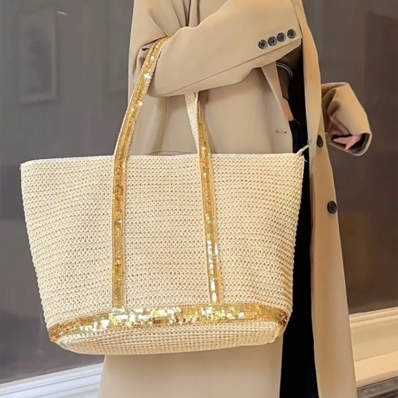 Fashion Women Woven Tote Bag Minimalist Sequined Straw Shoulder Bag Brand Large Capacity Travel Beach Bag New Woven Women's Bags
Fashion Women Woven Tote Bag Minimalist Sequined Straw Shoulder Bag Brand Large Capacity Travel Beach Bag New Woven Women's Bags