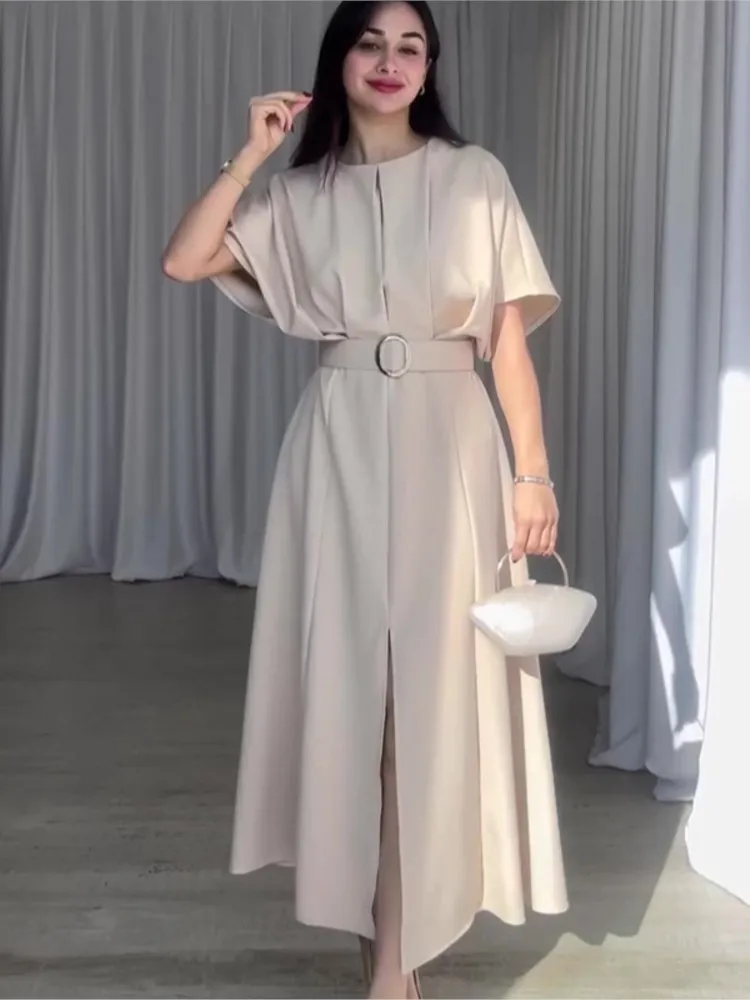 Women's Temperament Elegant Solid Color Long Dresses O Neck Short Sleeves Belt Slit Dress Lady Commuting Evening Vestidos 2025
Women's Temperament Elegant Solid Color Long Dresses O Neck Short Sleeves Belt Slit Dress Lady Commuting Evening Vestidos 2025