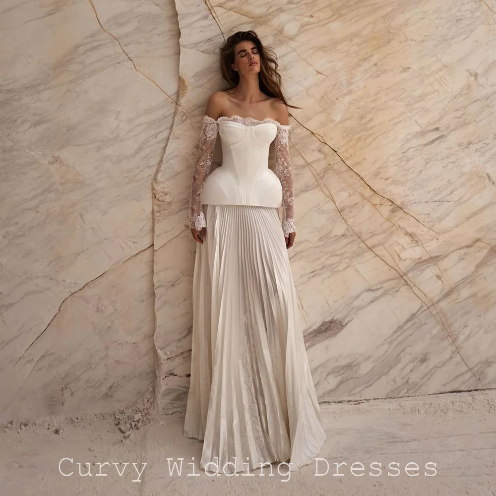Curvy Romantic Off-the-Shoulder Lace Long Sleeve A-Line Bridal Gown for Women with Pleated Skirt for Garden Wedding Customized
Curvy Romantic Off-the-Shoulder Lace Long Sleeve A-Line Bridal Gown for Women with Pleated Skirt for Garden Wedding Customized