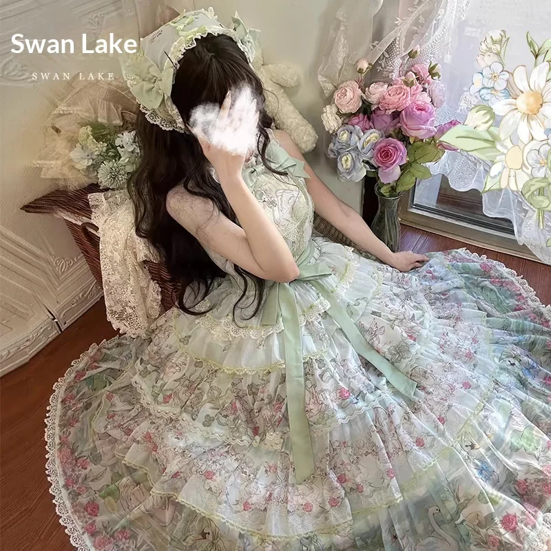 Women Classic Lolita Swan Floral Maxi Dress Ruffle High Neck Lace Cape Sleeve Tiered Cake Skirt Green Sash Fairycore Party Dress
Women Classic Lolita Swan Floral Maxi Dress Ruffle High Neck Lace Cape Sleeve Tiered Cake Skirt Green Sash Fairycore Party Dress