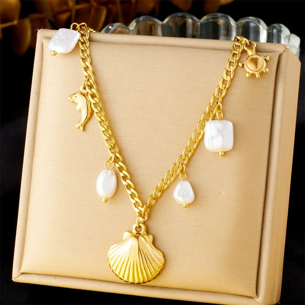 18K Gold Ocean Charm Necklace with Shell Dolphin Turtle & Baroque Pearl 316L Stainless Steel Women Beach Jewelry
18K Gold Ocean Charm Necklace with Shell Dolphin Turtle & Baroque Pearl 316L Stainless Steel Women Beach Jewelry