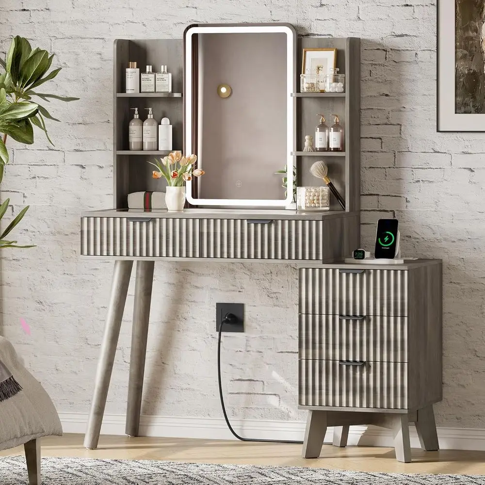 31.5 Glass Vanity Desk with Mirror, Lights, Power Outlet, and Storage Cabinet for Makeup, Suitable for Bedroom, Grey
31.5 Glass Vanity Desk with Mirror, Lights, Power Outlet, and Storage Cabinet for Makeup, Suitable for Bedroom, Grey