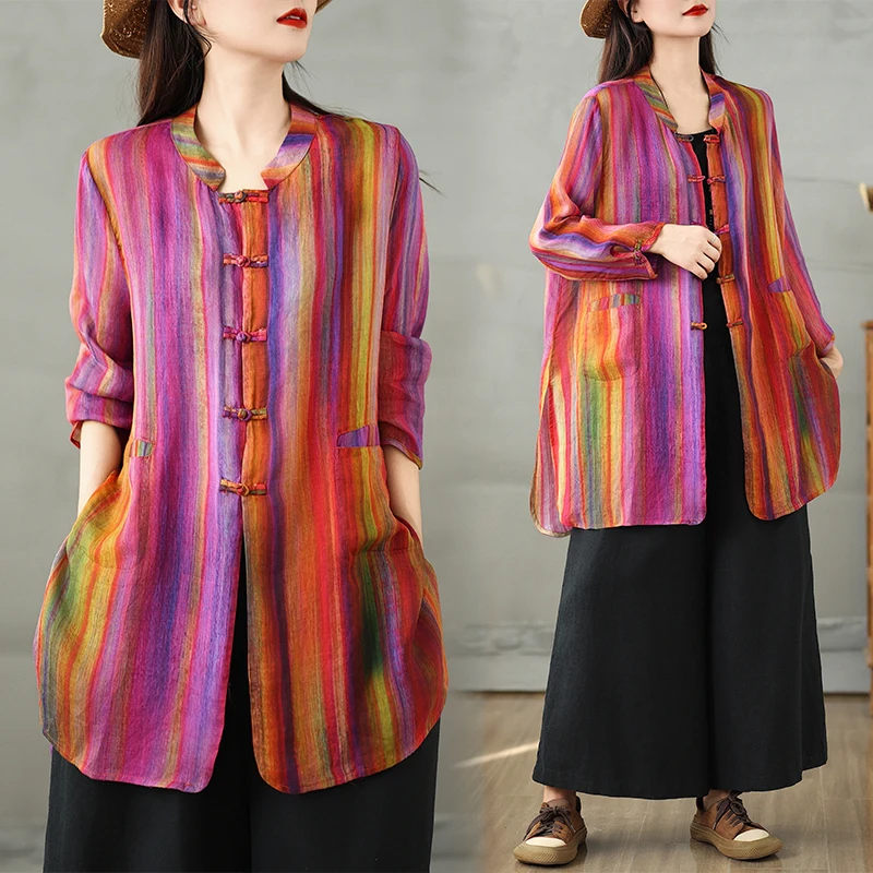 Chic Vintage Chinese Sle Striped irt Jaet Long Sve Button up Stand Collar Oversized Women's Autumn Faion Top
Chic Vintage Chinese Sle Striped irt Jaet Long Sve Button up Stand Collar Oversized Women's Autumn Faion Top