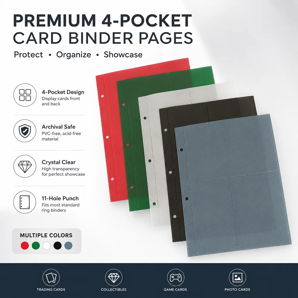 Premium 4-Pocket Card Binder Pages | PP Card Album Refill Sheets | Archival Safe, Clear, Multi-Color | Fits Ring Binders
Premium 4-Pocket Card Binder Pages | PP Card Album Refill Sheets | Archival Safe, Clear, Multi-Color | Fits Ring Binders