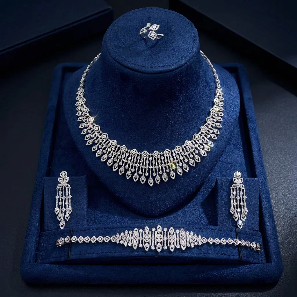 Bride Talk Luxury 4PCS Flower Tassel Bridal Jewelry Set Dubai African Zirconia Jewelry Ensemble Wedding Party Accessories
Bride Talk Luxury 4PCS Flower Tassel Bridal Jewelry Set Dubai African Zirconia Jewelry Ensemble Wedding Party Accessories