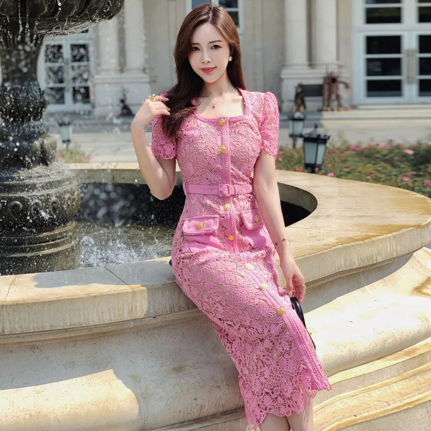 Ladies' Water-soluble Lace Short Sleeved Mid Length Dress Slim Fit, Hip Hugging Mid Length Dresses Boho SP PinkElegant generous
Ladies' Water-soluble Lace Short Sleeved Mid Length Dress Slim Fit, Hip Hugging Mid Length Dresses Boho SP PinkElegant generous