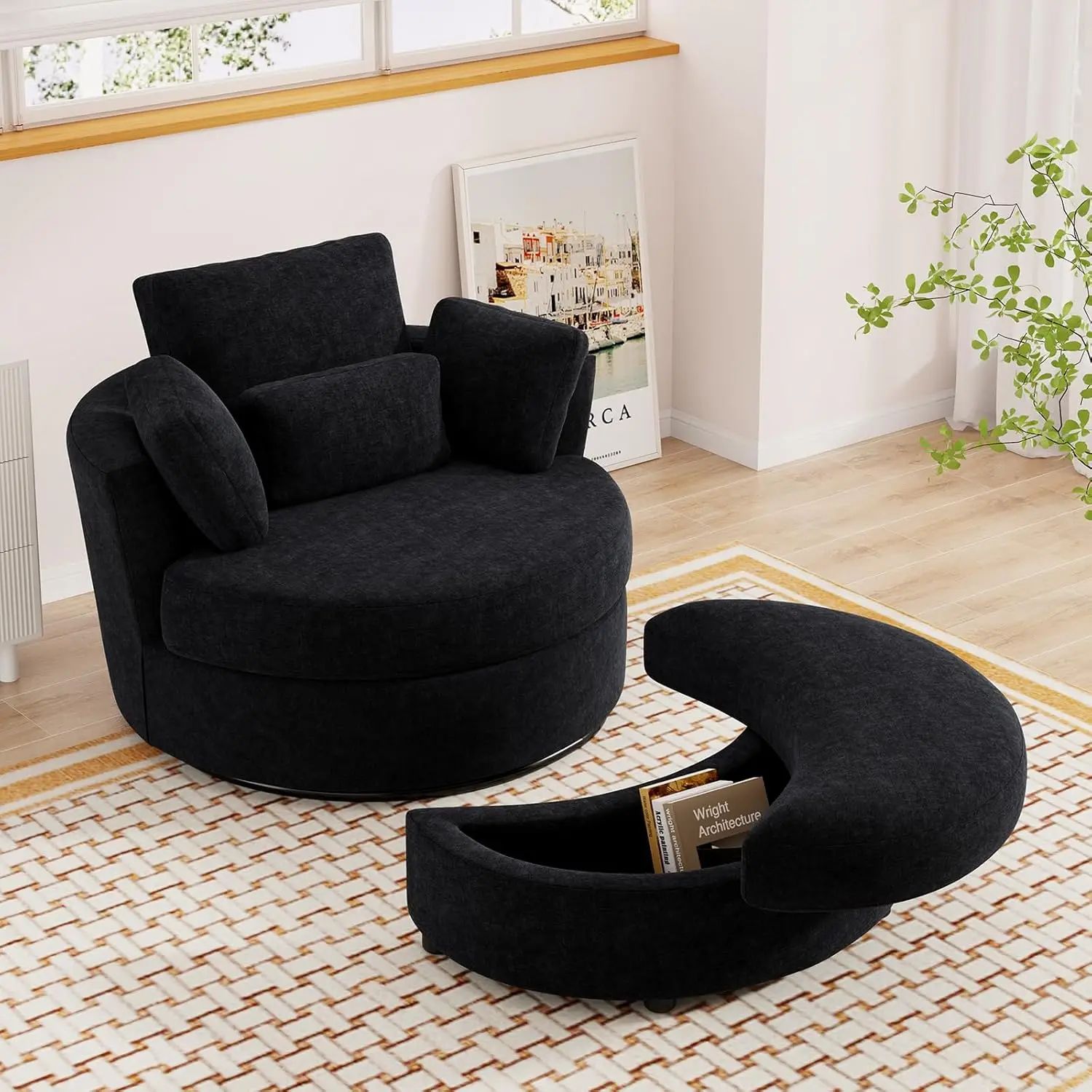 Swivel Accent Chair with Half Moon Storage Ottoman, 42" W Chenille Round Swivel Barrel Chair, Modern Upholstered Comfy
Swivel Accent Chair with Half Moon Storage Ottoman, 42" W Chenille Round Swivel Barrel Chair, Modern Upholstered Comfy