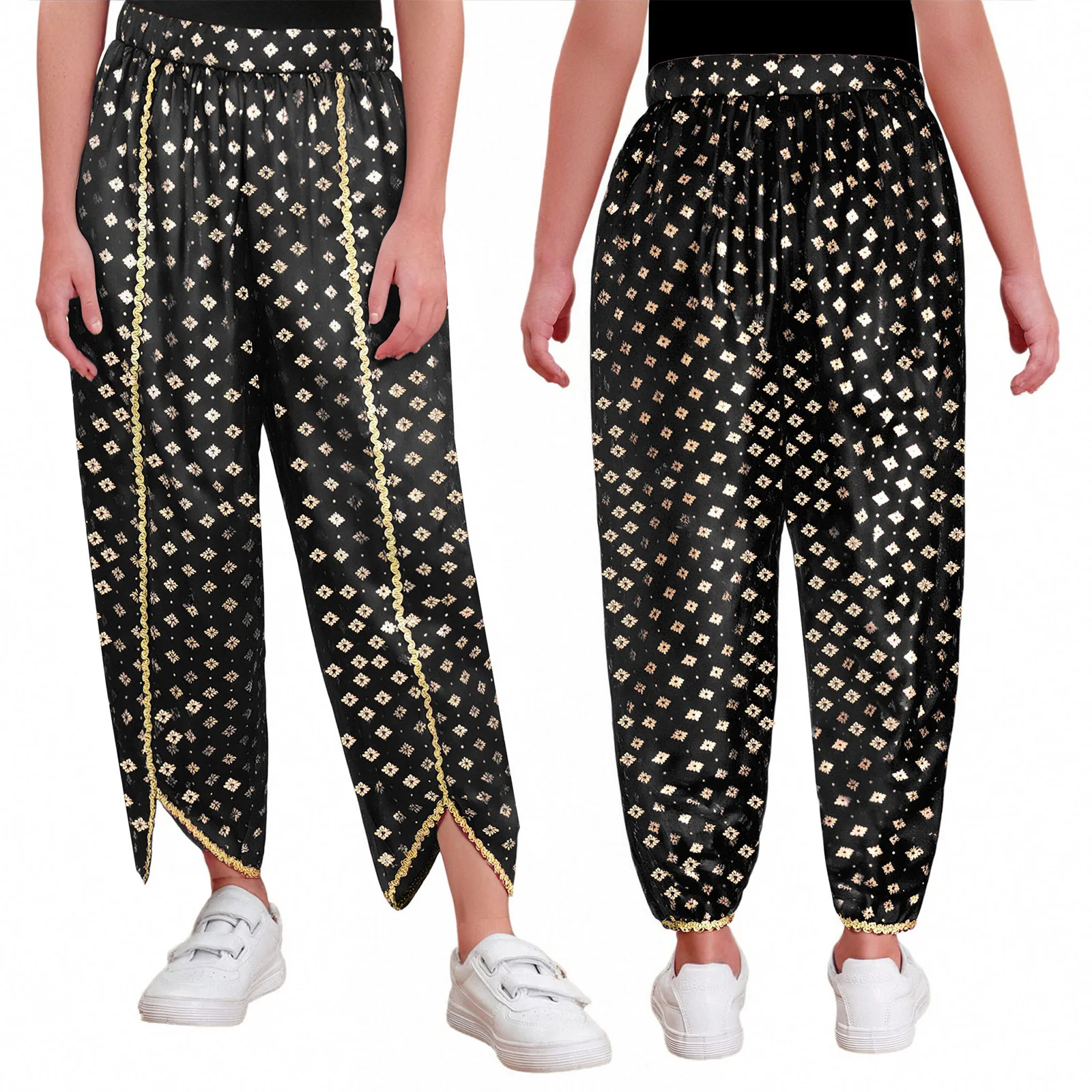 Halloween Girls Indian Roleplay Dress Up Dhoti Elastic Waistband Gold Trim Metallic Floral Print Satin Pants for Theme Party
Halloween Girls Indian Roleplay Dress Up Dhoti Elastic Waistband Gold Trim Metallic Floral Print Satin Pants for Theme Party
