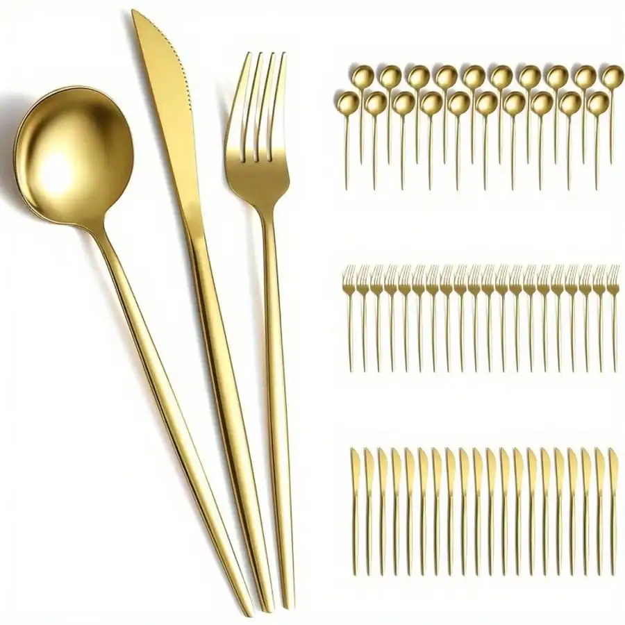 AYD 60pcs Gold Silverware Set, Titanium Gold Plated Stainless Steel Flatware Set, Knives Forks Spoons Cutlery Set For Wedding, Parties, Birthday, Restauroom, Dishwasher, Stainless Steel Material Is Reliable
AYD 60pcs Gold Silverware Set, Titanium Gold Plated Stainless Steel Flatware Set, Knives Forks Spoons Cutlery Set For Wedding, Parties, Birthday, Restauroom, Dishwasher, Stainless Steel Material Is Reliable