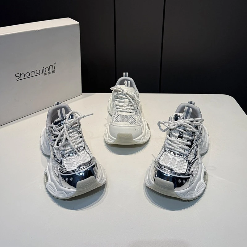 Women Mesh Chunky Sneakers Silver White Platform Thick Sole Breathable Lace Up Casual Dad Shoes Non Slip Walking Footwear
Women Mesh Chunky Sneakers Silver White Platform Thick Sole Breathable Lace Up Casual Dad Shoes Non Slip Walking Footwear