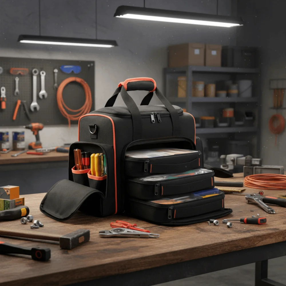 Black Color Tool Bag 2 Layers Red Binding Removable Cases 2-Layer Design 3 Removable Cases Storage Compartments Professional Use
Black Color Tool Bag 2 Layers Red Binding Removable Cases 2-Layer Design 3 Removable Cases Storage Compartments Professional Use