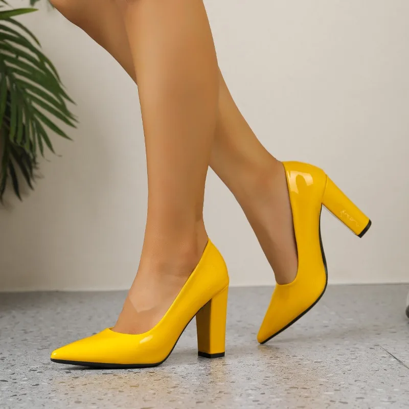 Women High Heels Sexy Wedding Shoes Patent Leather Shallow Mouth Pointed Toe 9.5CM Square Heel Large Size Women's Shoes Yellow
Women High Heels Sexy Wedding Shoes Patent Leather Shallow Mouth Pointed Toe 9.5CM Square Heel Large Size Women's Shoes Yellow