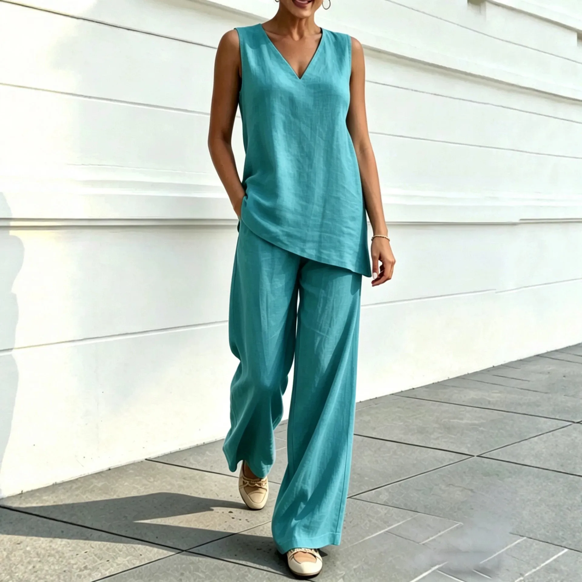 Summer Women's Suit 2 Piece Set V Neck Sleeveless Top Casual Solid Wide Leg Pants Turquoise Women's Matching Sets Cotton Blend
Summer Women's Suit 2 Piece Set V Neck Sleeveless Top Casual Solid Wide Leg Pants Turquoise Women's Matching Sets Cotton Blend