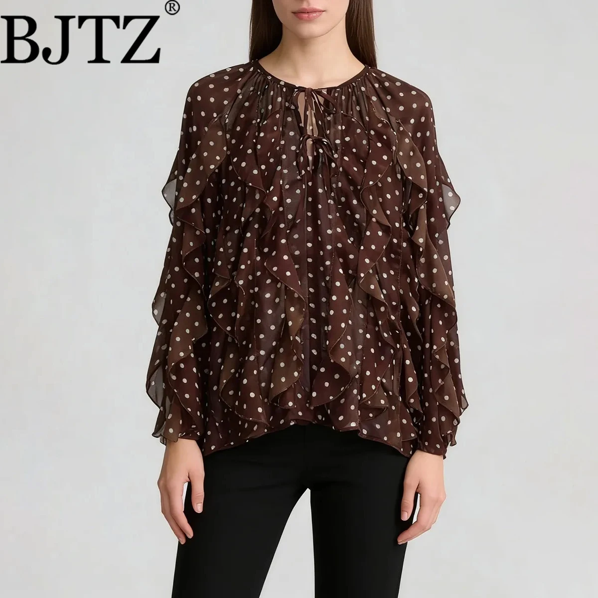 BJTZ 2026 Spring Autumn Chic Women's Long Sleeve Ruffle Polka Dot Chiffon Blouse Fashion Tops
BJTZ 2026 Spring Autumn Chic Women's Long Sleeve Ruffle Polka Dot Chiffon Blouse Fashion Tops