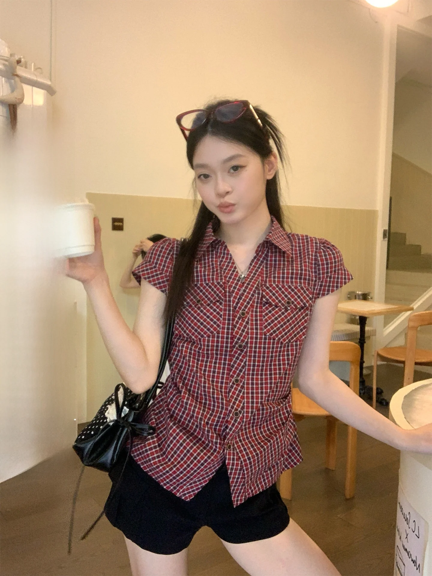 Red Plaid Collar Short Sleeve Slim Fit Women's Shirt Summer Waist Cinched Korean Design Unique Top by Song Zhengen
Red Plaid Collar Short Sleeve Slim Fit Women's Shirt Summer Waist Cinched Korean Design Unique Top by Song Zhengen