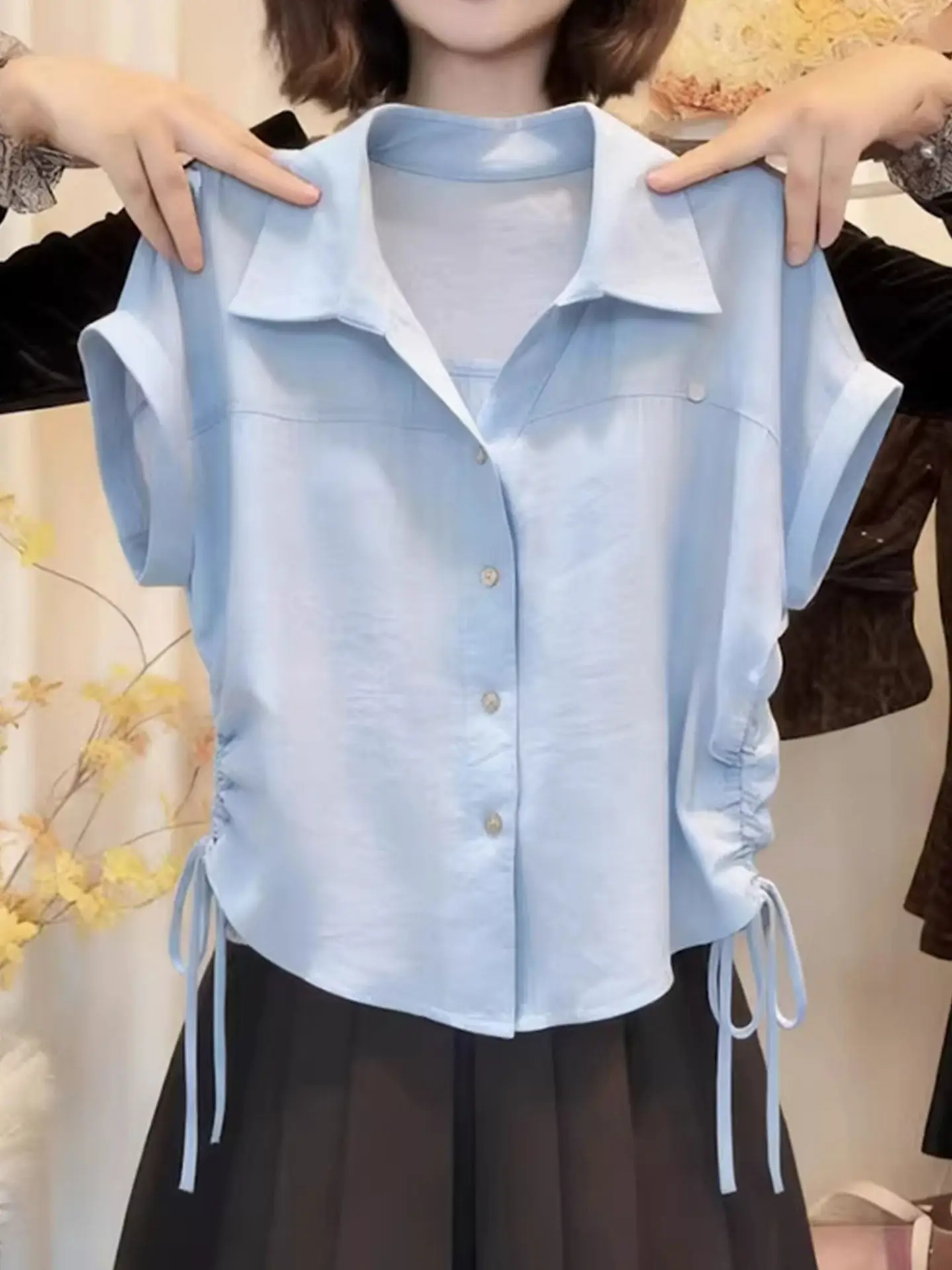 Slimming Drawstring Collar Korean Style Commute Shirt Summer Versatile Fashionable Top Youthful Short Sleeve Women's Blouse
Slimming Drawstring Collar Korean Style Commute Shirt Summer Versatile Fashionable Top Youthful Short Sleeve Women's Blouse