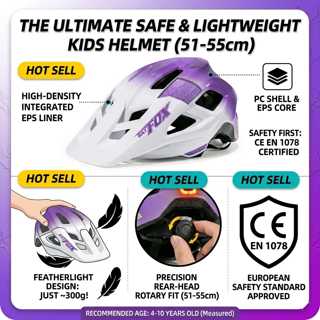 BATFOX Bicycle Light Helmet MTB Road Light Cycling Helmet Kids Bike Helmet with LED Light Rechargeable, 51-55cm Safety Helmet
BATFOX Bicycle Light Helmet MTB Road Light Cycling Helmet Kids Bike Helmet with LED Light Rechargeable, 51-55cm Safety Helmet