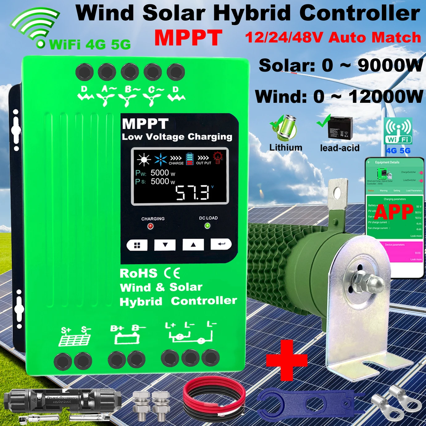 8000W Built-In WiFi 12V24V48V MPPTHybrid Solar Controller Wind Turbine,With Unloading Load LCD Display, For Lifepo4 Full Battery
8000W Built-In WiFi 12V24V48V MPPTHybrid Solar Controller Wind Turbine,With Unloading Load LCD Display, For Lifepo4 Full Battery