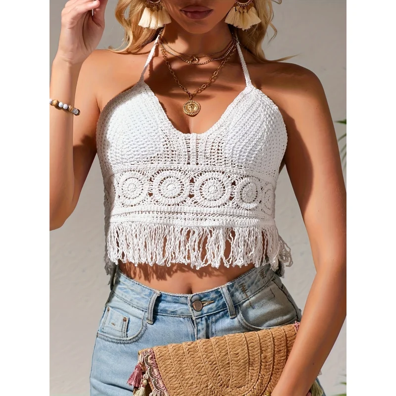 Women Halter V Neck Circle Crochet Fringe Hem Crop Top Hollow Knit Boho Y2K Sleeveless Beach Bikini Cover Up Cami
Women Halter V Neck Circle Crochet Fringe Hem Crop Top Hollow Knit Boho Y2K Sleeveless Beach Bikini Cover Up Cami