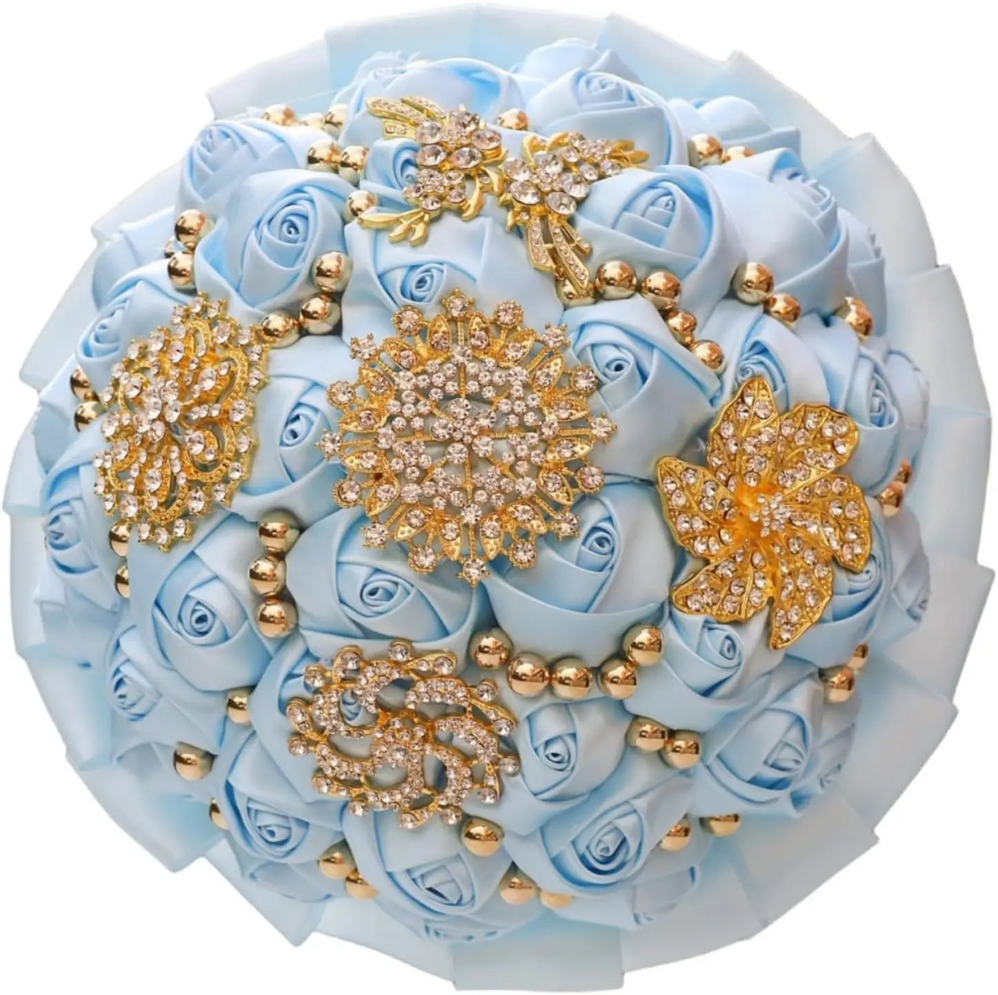 Light Blue Bridal Bouquet with Gold Brooch Rhinestone Pearl Satin Rose Flower for Wedding Bride
Light Blue Bridal Bouquet with Gold Brooch Rhinestone Pearl Satin Rose Flower for Wedding Bride